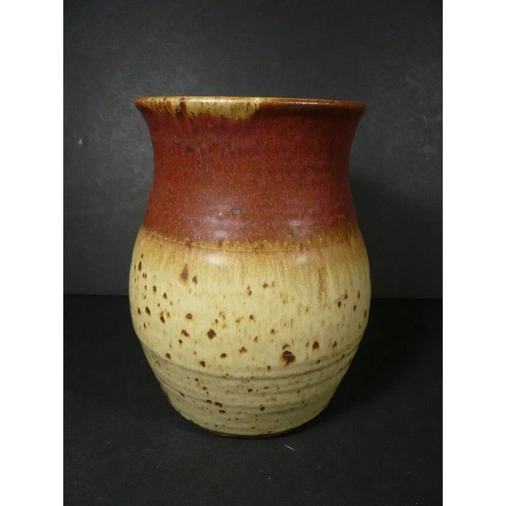 Vtg M. Jerry Studio Pottery Signed Stoneware Speckled Brown Tones Vase 6½